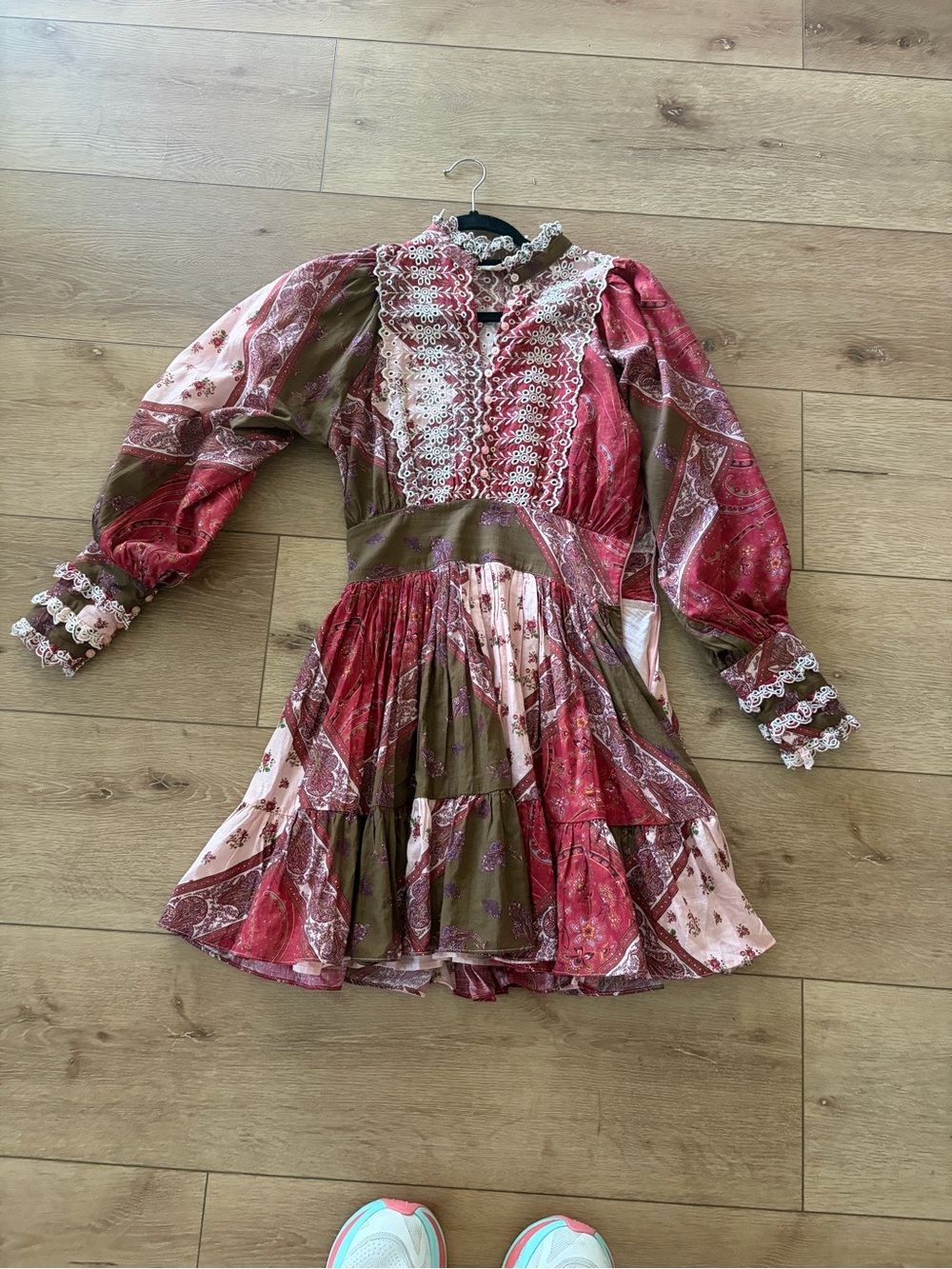 By Timo Long-Sleeve Patchwork Lace-Trim Dress in Red and Olive